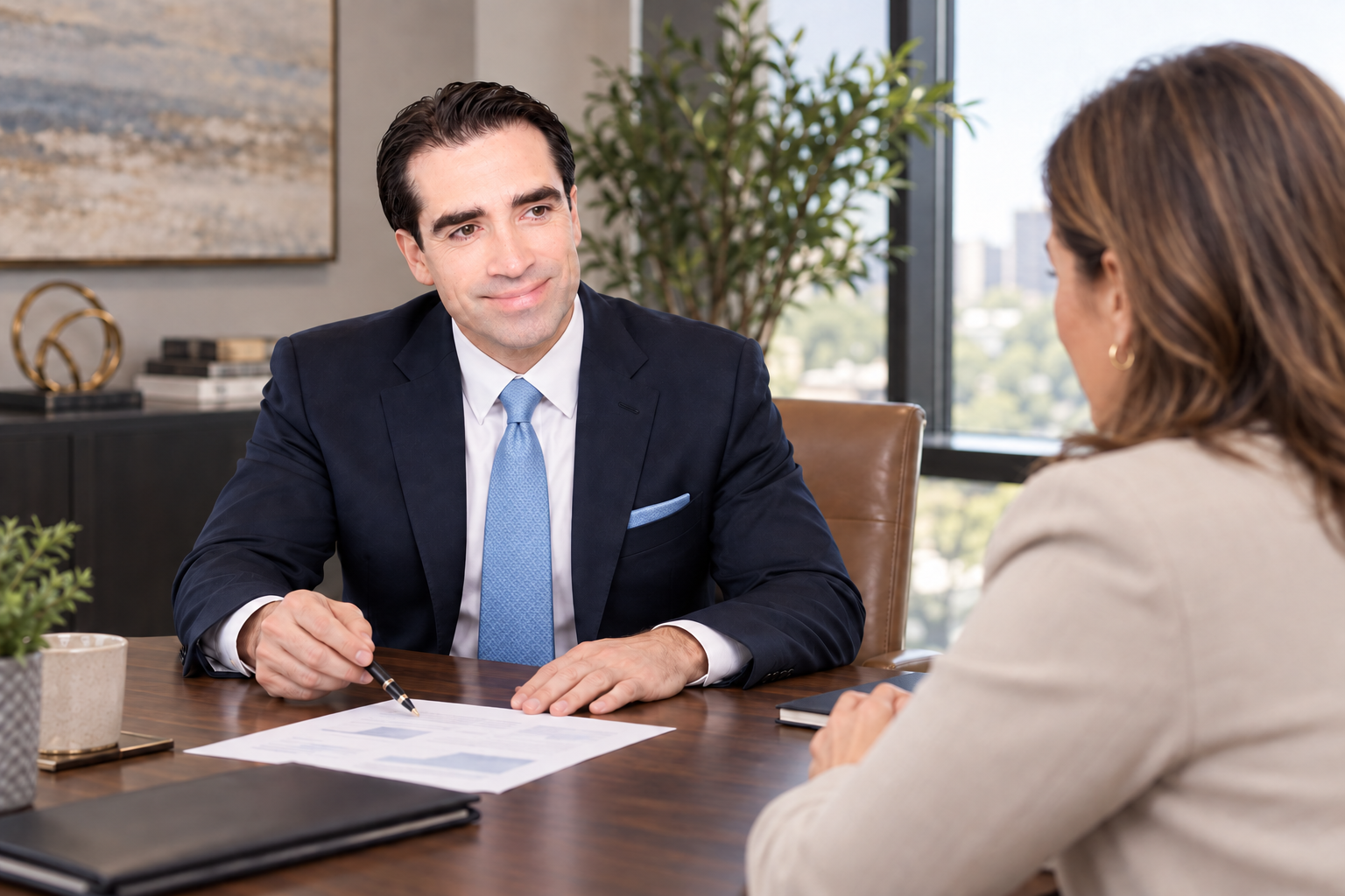 Illustrative scene of Enzo explaining financial options in a client conversation